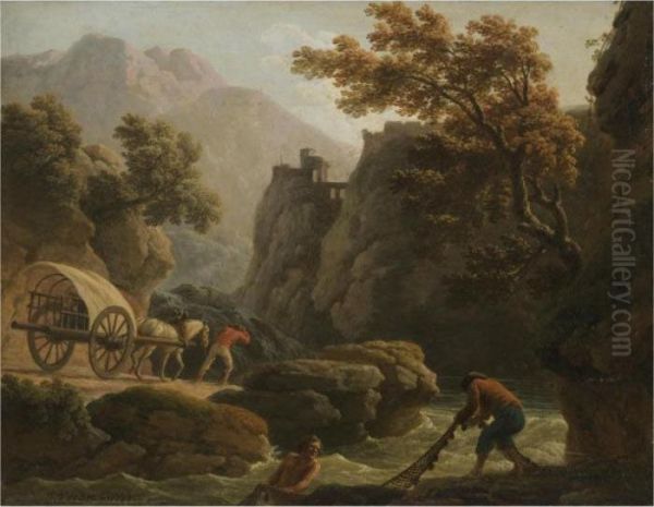 A Mountainous River Landscape 
With Fishermen In The Foreground, And A Traveller Leading A Wagon With 
His Family Resting Inside Oil Painting by Claude-joseph Vernet