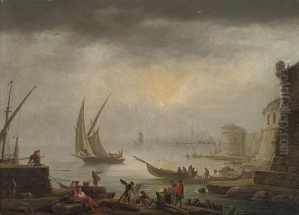 A Harbour At Sunset With Fishermen And Villagers Cooking Fish Over An Open Fire Oil Painting by Claude-joseph Vernet