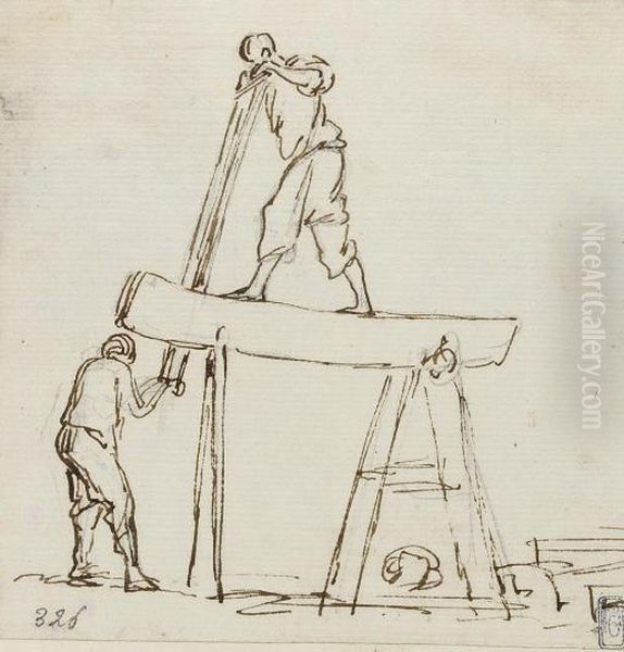 Two Men Pulling A Rope; And Two Men Sawing A Plank Oil Painting by Claude-joseph Vernet