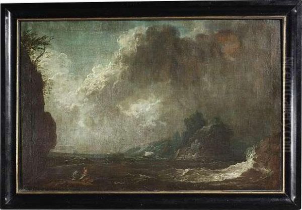 Ships At Stormy Sea Next To A Rocky Coast. One In A Pair. Oil/canvas Oil Painting by Claude-joseph Vernet