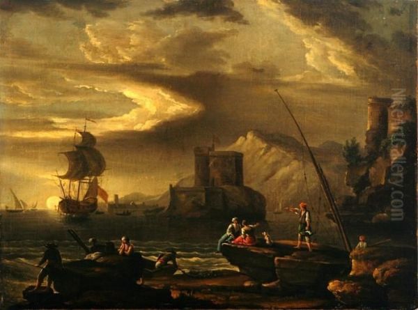 Vernet, His Style: A Sunset Coastal Scenery With Castle, Ships And Figures. Unframed Oil Painting by Claude-joseph Vernet