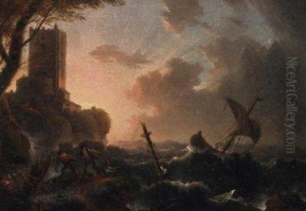 Shipwreck On The Rocky Coast. On The Cliffs A Fort Oil Painting by Claude-joseph Vernet