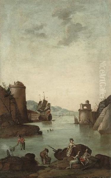 A Mediterranean Coastal Inlet 
With A Fortified Town, Figures Fishing In The Foreground And A Ship 
Beyond; And A Mediterranean Coastal Inlet With A Fortified Town, With 
Figures Fishing And Disembarquing From A Boat In The Foreground And A 
Ship Beyo Oil Painting by Claude-joseph Vernet