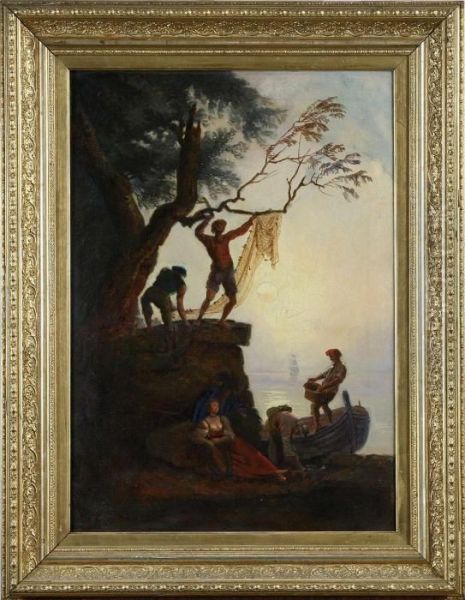 Hans Art, 1900-tal, Fiskare Vid Strand Oil Painting by Claude-joseph Vernet