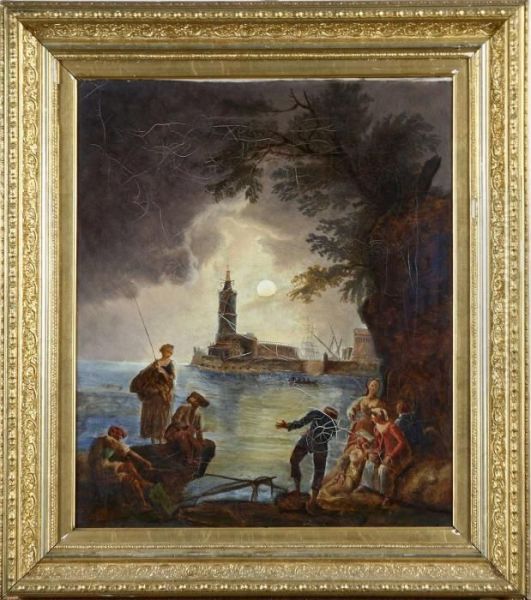 Hans Art, 1900-tal, Sallskap I Manlandskap Oil Painting by Claude-joseph Vernet