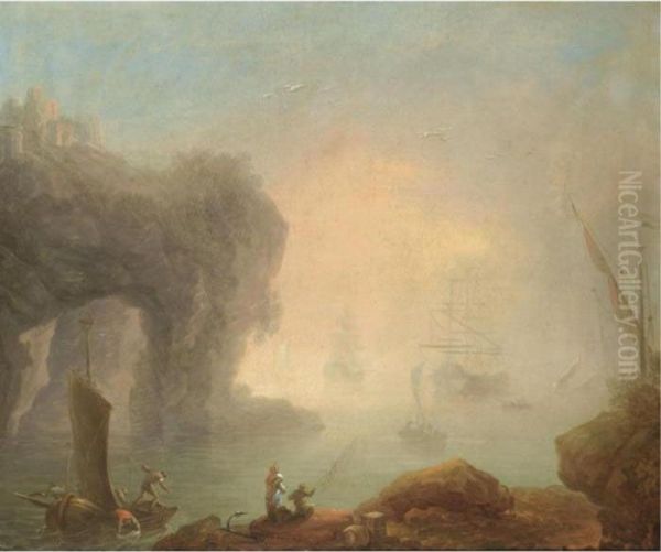 A Mediteranian Coast At Dawn 
With Fishermen And Merchants In The Foreground, Various Shipping In The 
Distance Oil Painting by Claude-joseph Vernet