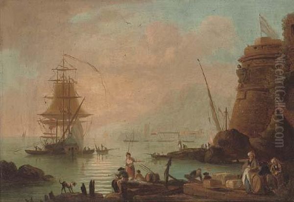 A Coastal Inlet With Merchants On The Shore And A Ship Beyond Oil Painting by Claude-joseph Vernet