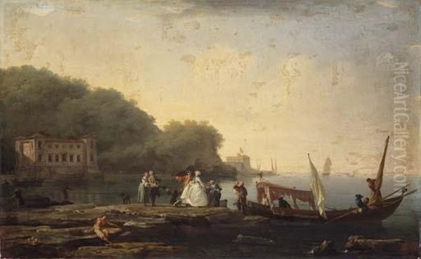 A Mediterranean Coastal 
Landscape With Elegant Company Disembarking From An Italian Gondola Oil Painting by Claude-joseph Vernet