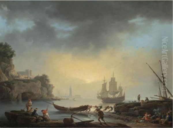 A Mediterranean Coastal Scene 
With Fishermen Bringing In Their Boats And A Man Of War At Anchor Beyond Oil Painting by Claude-joseph Vernet