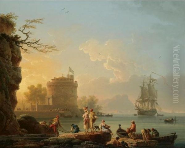 A Mediterranean Harbour Scene At
 Sunset, With Fishermen Unloading Their Catch Before A Round Fortress, A
 Man-of-war At Anchor Beyond Oil Painting by Claude-joseph Vernet