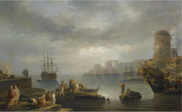 A Coastal Scene With Figures 
Unloading Goods From A Boat And A Harbour Beyond To The Right Oil Painting by Claude-joseph Vernet