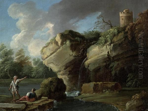 Flusslandschaft Mit Paar Am Felsen. Oil Painting by Claude-joseph Vernet