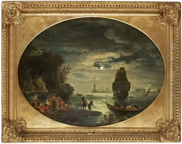 Hamnbild Med Figurer, Fartyg Och Fyrtorn I Mansken Oil Painting by Claude-joseph Vernet