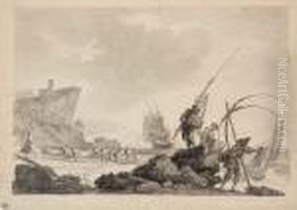 Vue D'une Plage Avec Des 
Rochers, Des Pecheurs Tirant Leurs Filets, Un Bateau Et Un Port I 
L'arriere-plan Oil Painting by Claude-joseph Vernet