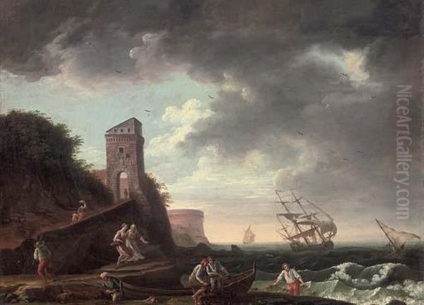 A Mediterranean Coastal Inlet With Fishermen And Their Catch Oil Painting by Claude-joseph Vernet