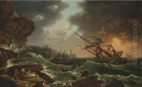 Ships Tossed On A Stormy Sea Oil Painting by Claude-joseph Vernet