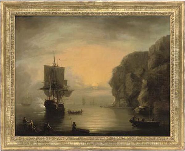 A British Frigate And Other Ships In A Calm, At Sunset Oil Painting by Claude-joseph Vernet