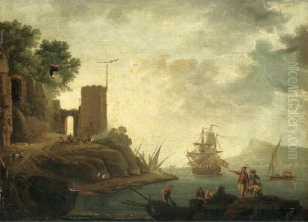 A Mediterranean Harbour Scene Oil Painting by Claude-joseph Vernet