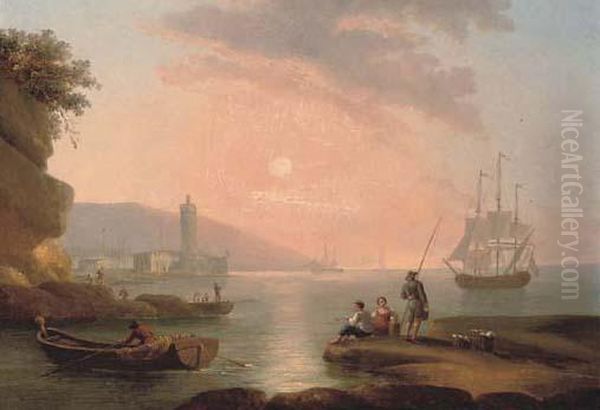 A Capriccio Of A Mediterranean Harbour At Dusk Oil Painting by Claude-joseph Vernet