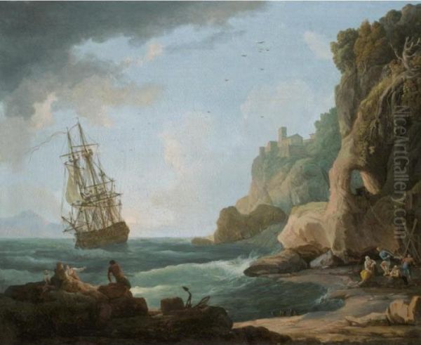 A Mediterranean Coastal Scene With Shipping In A Breeze And Fishermen On The Shore Oil Painting by Claude-joseph Vernet