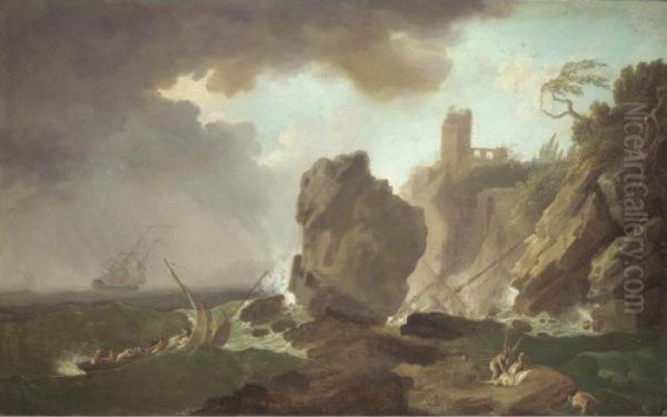 A Ship Being Wrecked Off A Mediterranean Coast Oil Painting by Claude-joseph Vernet