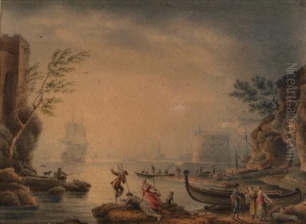 Figures By A Harbour Oil Painting by Claude-joseph Vernet