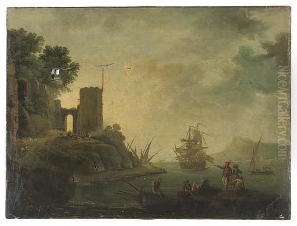 A Coastal Inlet With A Man-o' War And Fisherman, A Tower On The Bank Oil Painting by Claude-joseph Vernet