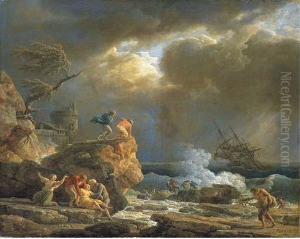 A Mediterranean Rocky Coastal 
Landscape With Survivors From A Shipwreck, By A Fortified Tower Oil Painting by Claude-joseph Vernet