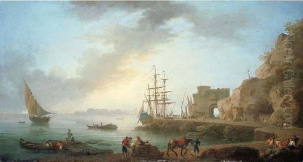 A Mediterranean Port With Fishing Boats, A Dutch Driemaster And Fisherman On A Quay Oil Painting by Claude-joseph Vernet