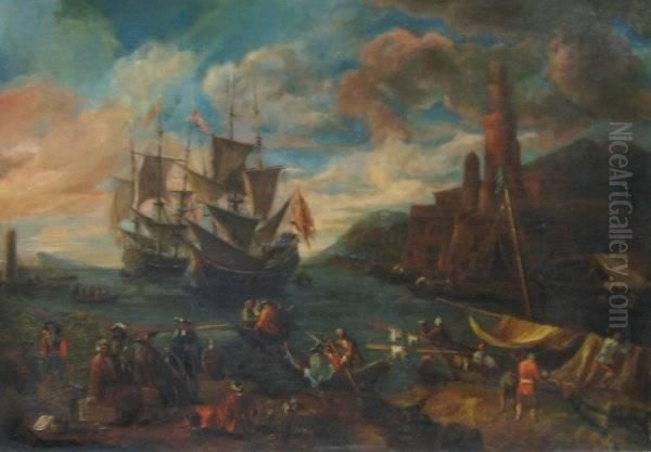 Mediterranean Harbor Scene With Figures Oil Painting by Claude-joseph Vernet