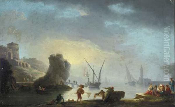 An Italian Seaport Oil Painting by Claude-joseph Vernet