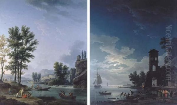 Morning; Evening Oil Painting by Claude-joseph Vernet