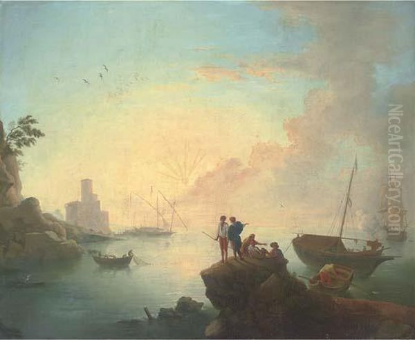 A Mediterranean Coastal Inlet With Fishermen And Anglers On A Rock Oil Painting by Claude-joseph Vernet