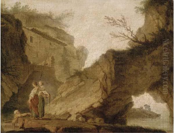 Figures In A Rocky Landscape Oil Painting by Claude-joseph Vernet