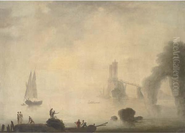 A Coastal Landscape In Early 
Morning With Fishermen On A Rockyforeground, A Tower By A Natural Arch 
Seen Through Mistbeyond Oil Painting by Claude-joseph Vernet