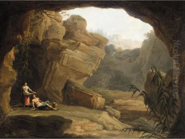 Figures Resting By The Mouth Of A Cave, A Capriccio View Of Tivoli Beyond Oil Painting by Claude-joseph Vernet