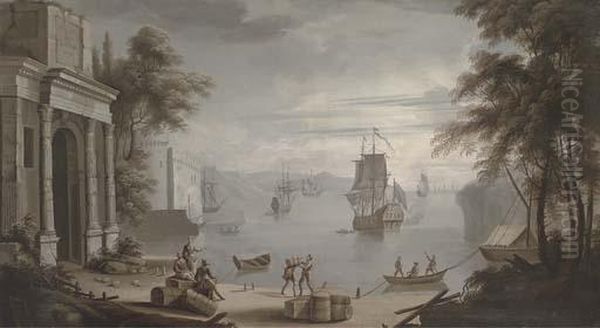 A Mediterranean Coastal Harbour,
 A Man'-o-war And Other Shipping With Figures On The Shore By Classical 
Buildings Oil Painting by Claude-joseph Vernet