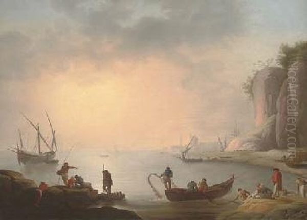 A Mediterranean Coastal Inlet With Fishermen By The Shore, A Port Beyond Oil Painting by Claude-joseph Vernet