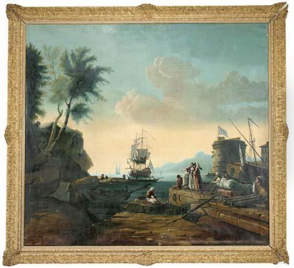 A Mediterranean Coastal Harbour With Shipping And Figures On Thebank Oil Painting by Claude-joseph Vernet