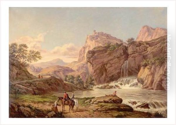 Cavaliers Au Pied De La Cascade Oil Painting by Claude-joseph Vernet