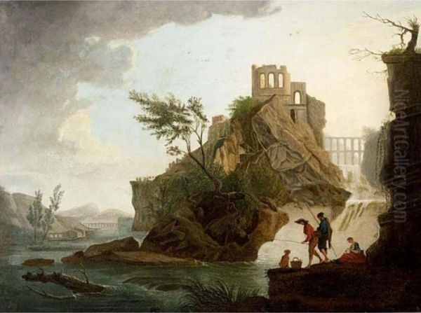 Anglers In A Mountainous River Landscape, A View Of A Ruin On A Hill Top Beyond Oil Painting by Claude-joseph Vernet