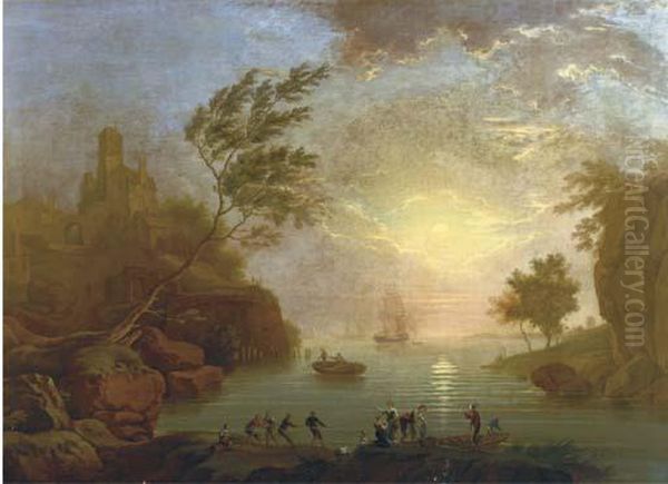 A Mediterranean Inlet At Sunset With Fisherfolk In The Foreground,a Hilltop Town Beyond Oil Painting by Claude-joseph Vernet