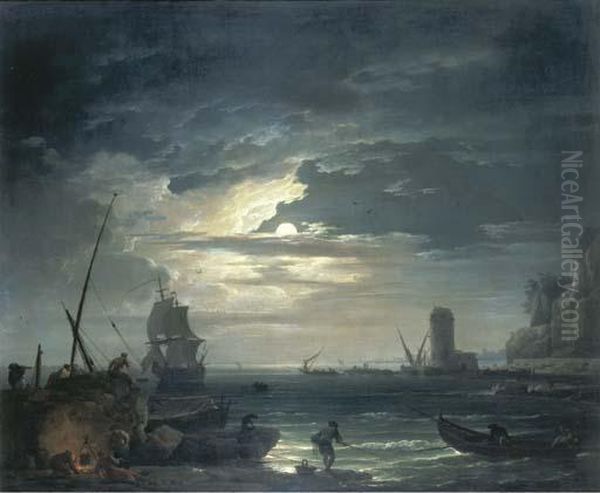 A Mediterranean Inlet By 
Moonlight With Fisherfolk Cooking By Arock, A Three-master About To Drop
 Anchor And A Tower Beyond Oil Painting by Claude-joseph Vernet