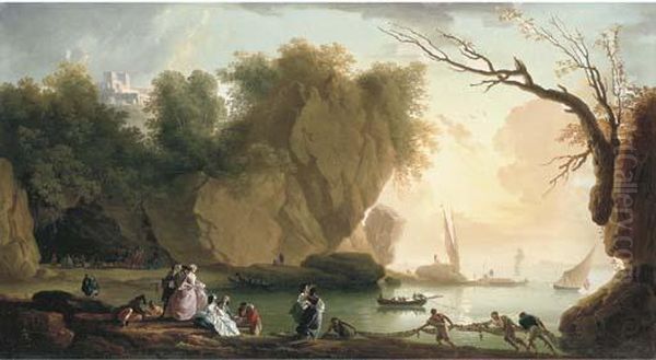 A Coastal Landscape With Elegant Figures And Fishermen, A Fortressand Shipping Beyond Oil Painting by Claude-joseph Vernet