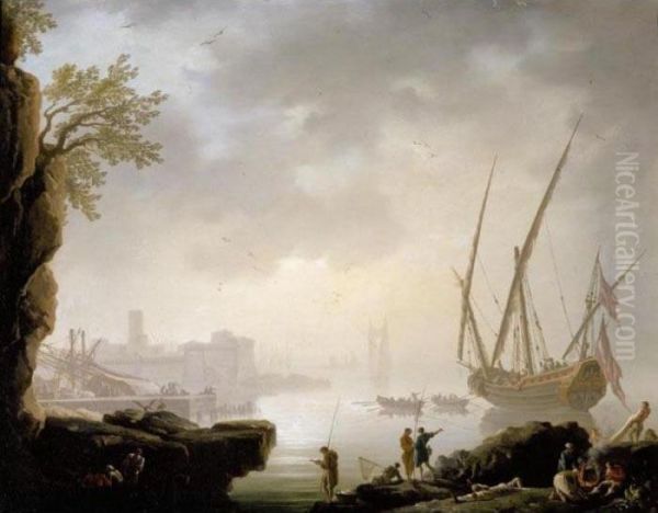 A Coastal Landscape With A 
Harbour In The Early Morning, Fishermen And Other Figures Warming 
Themselves In The Foreground, A Fortified Port Beyond Oil Painting by Claude-joseph Vernet