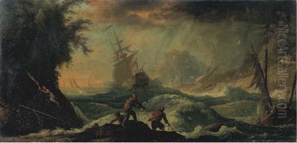 Burrasca Con Naufraghi Sugli 
Scogli; E Porto Con Marinai Sulla Banchina E Faro In Lontananza Oil Painting by Claude-joseph Vernet