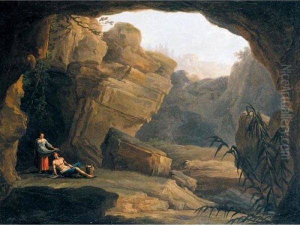 Figures Resting By The Mouth Of A Cave, A Capriccio View Of Tivoli Beyond Oil Painting by Claude-joseph Vernet