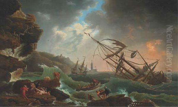 A Mediterranean Coast With A Shipwreck In Stormy Seas, Castaways Inthe Foreground Oil Painting by Claude-joseph Vernet