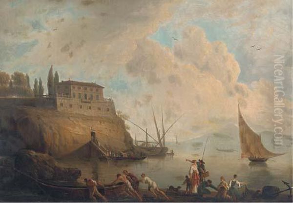 Fisherfolk Before A Neapolitan Villa Oil Painting by Claude-joseph Vernet