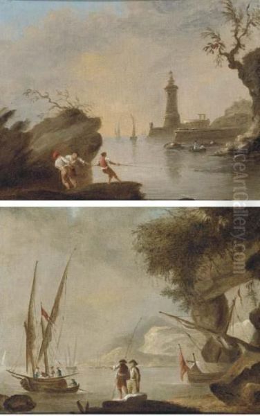 A Mediterranean Coastal Inlet 
With Fishermen And A Lighthouse; Anda Mediterranean Coastal Inlet With 
Shipping Oil Painting by Claude-joseph Vernet